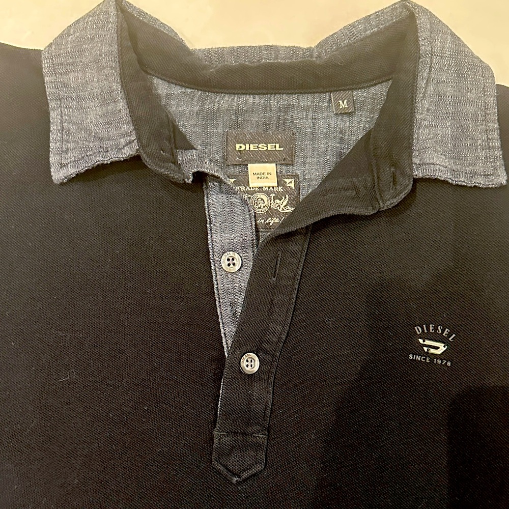 Diesel Men's Black Polo with Denim Collar